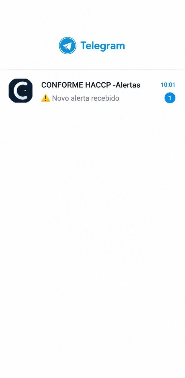 Notificação Telegram do bot Conforme HACCP a chegar ao telemóvel — Novo alerta recebido.