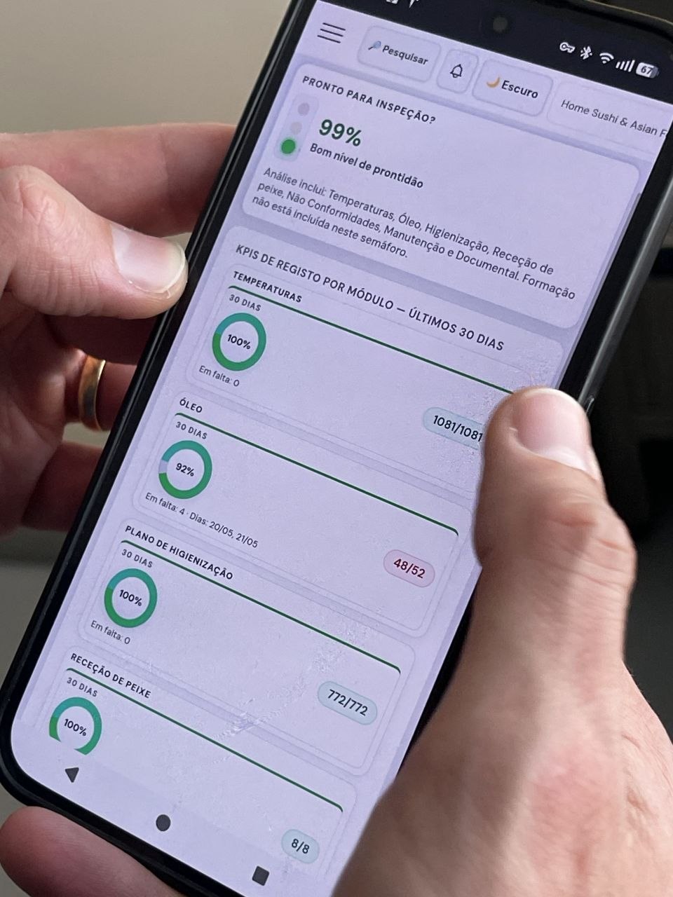 Painel principal da Conforme HACCP no telemóvel — KPIs e 99% Pronto para inspeção.